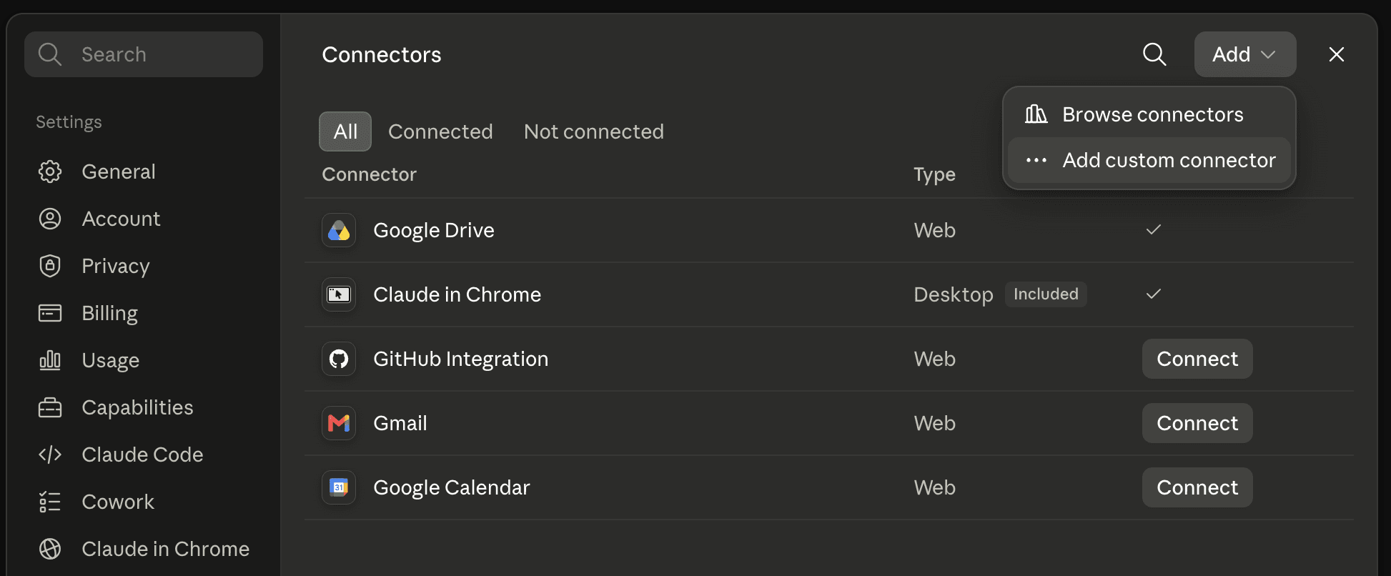 Màn hình Connectors với tùy chọn Add custom connector