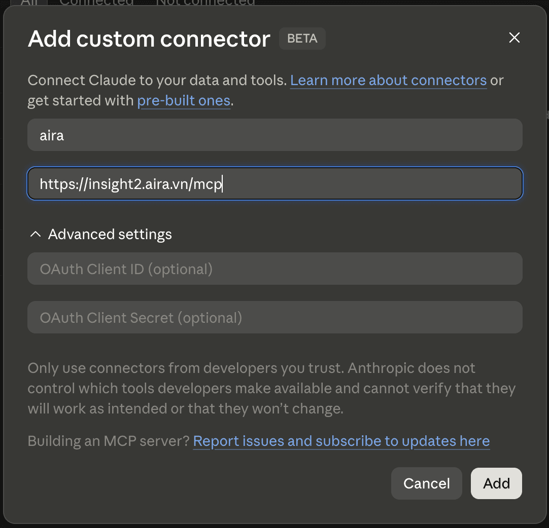 Form Add custom connector với tên aira và URL https://insight2.aira.vn/mcp