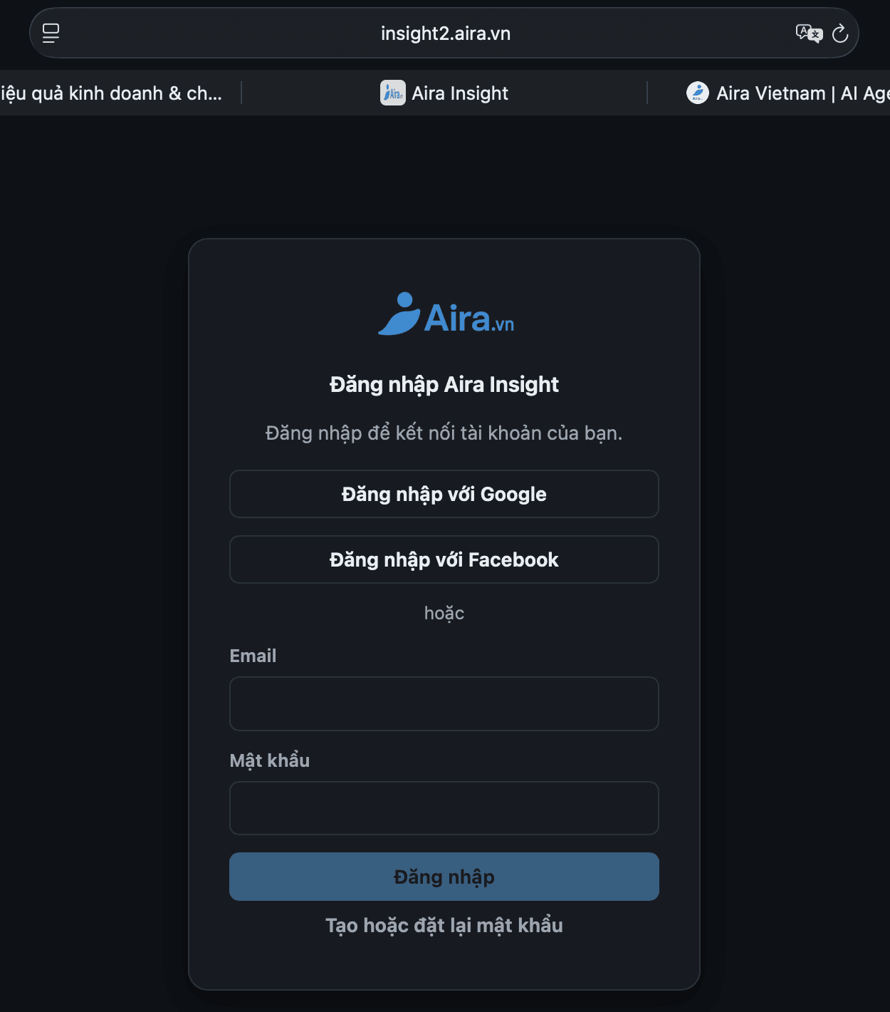 Trang đăng nhập Aira Insight tại insight2.aira.vn