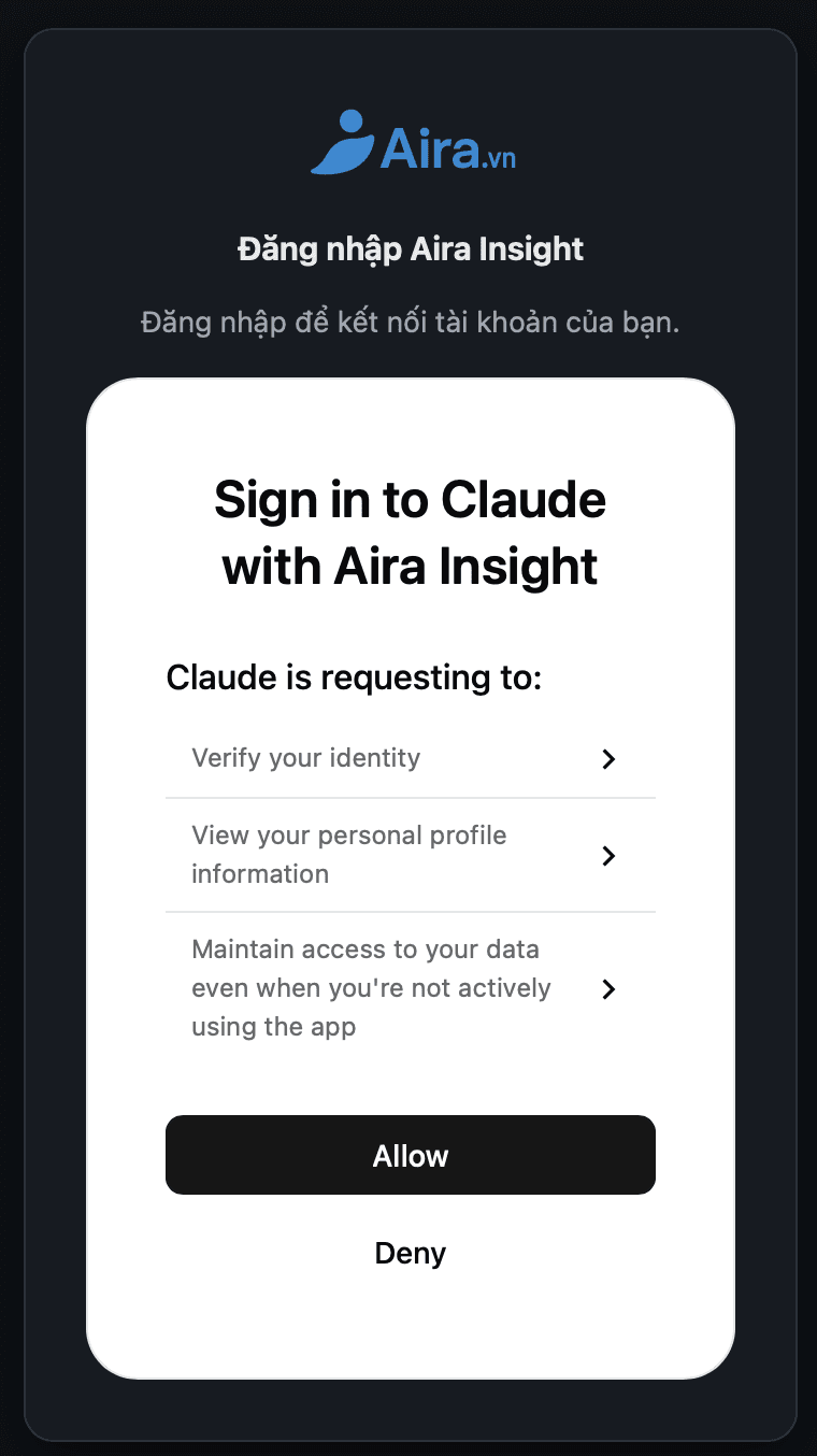 Màn hình cấp quyền Sign in to Claude with Aira Insight