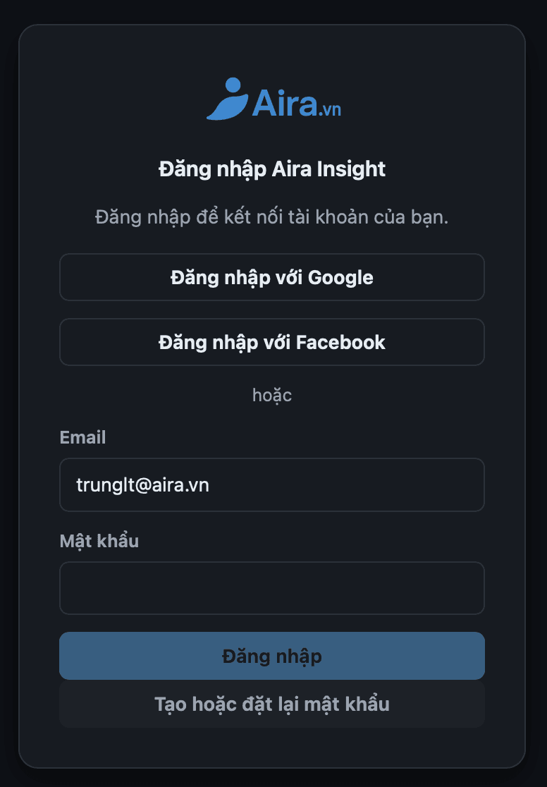 Form đăng nhập Aira Insight bằng email và mật khẩu