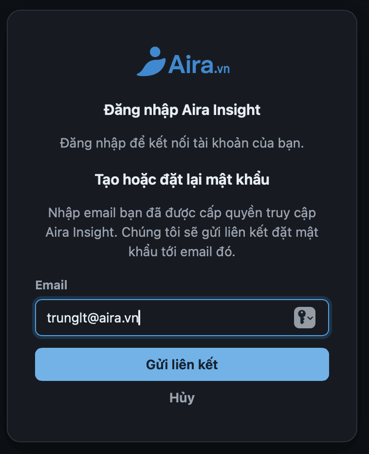 Form tạo hoặc đặt lại mật khẩu Aira Insight