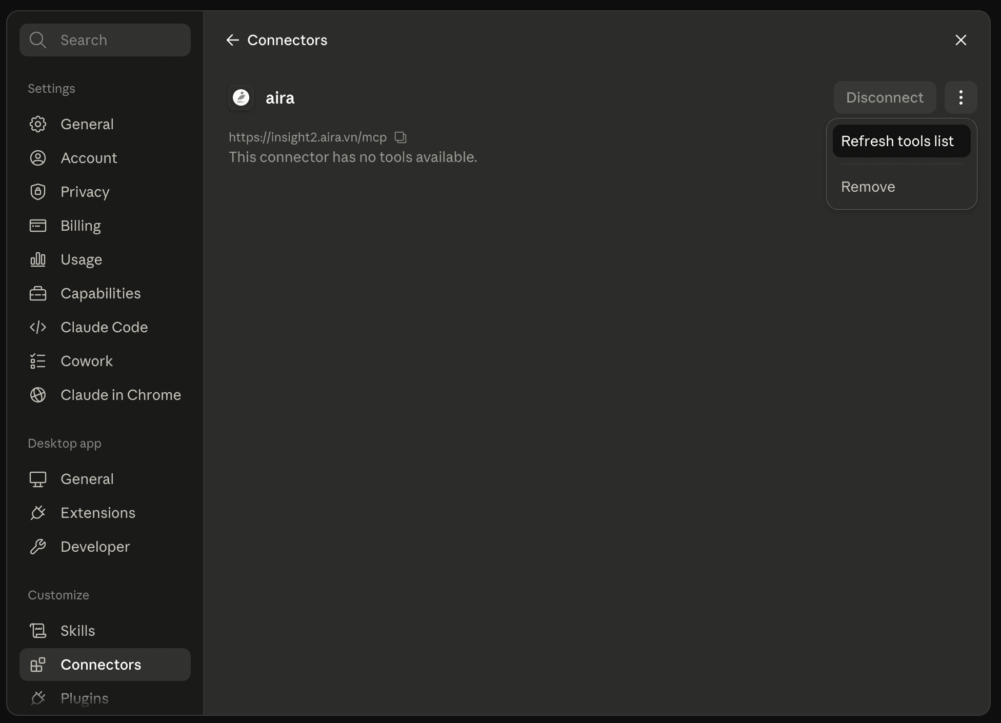 Menu của connector aira với tùy chọn Refresh tools list
